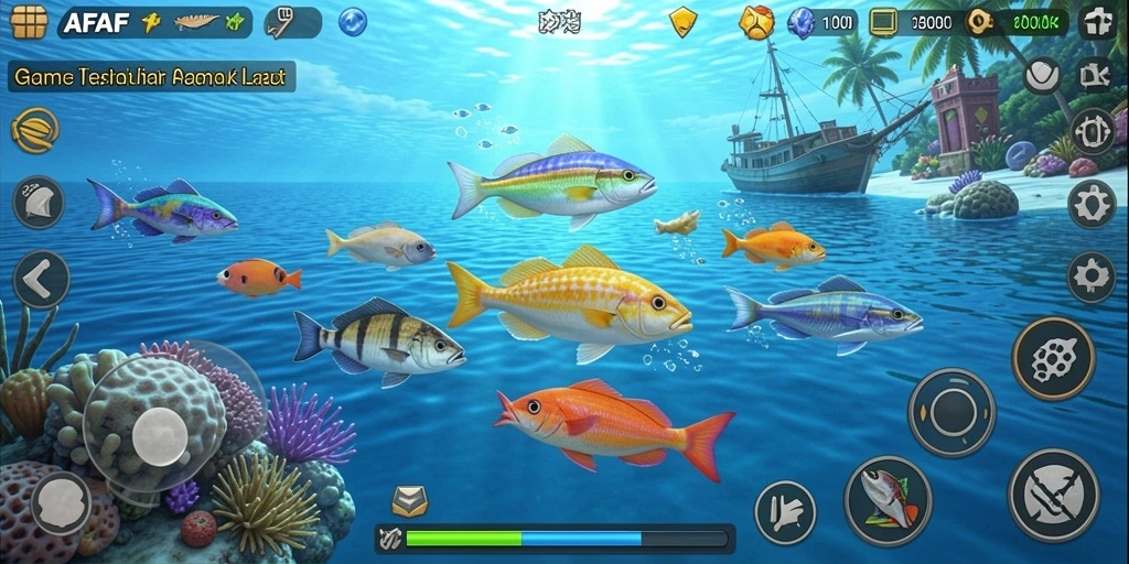 Screenshot gameplay AFAF dengan aksi menembak ikan.