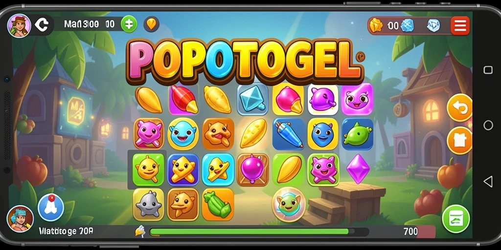 Gameplay Match-3 dengan kombinasi warna yang ceria.