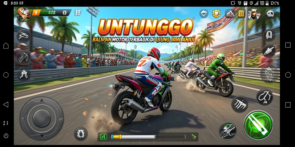 Screenshot gameplay UNTUNGGO menampilkan aksi balap motor yang dinamis.